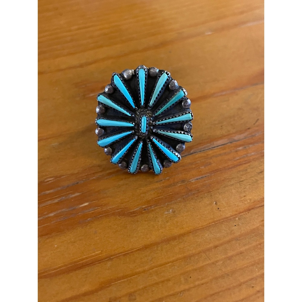 Vintage Vernon Wallace Zuni Sterling Turquoise Needlepoint Sunburst Ring Native